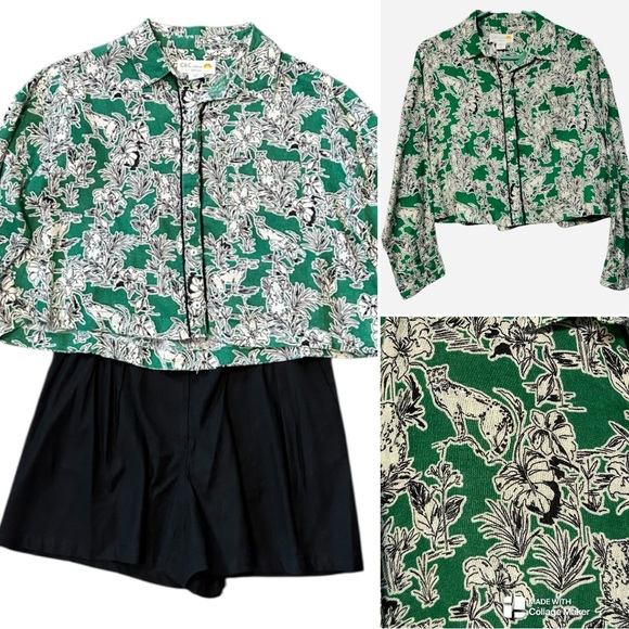 C&C California 100% linen crop Green and Black Floral Button-Up Shirt - Picture 1 of 7